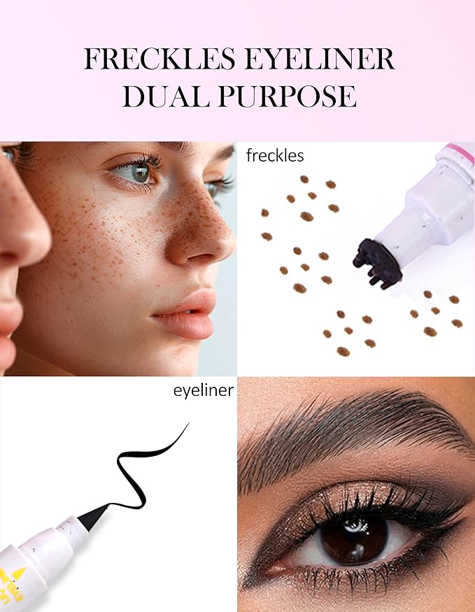 Erinde Waterproof Freckle Stamp Pen, Dual Ended Fake Freckle & Black Liquid Eyeliner, Long Lasting Quick Dry Faux Freckles Stamp Freck Pen for Natural Sunkissed Makeup, 02 Medium