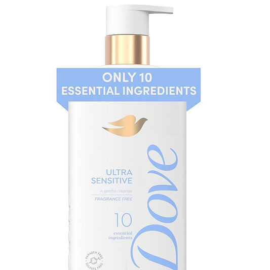 Dove Fragrance Free Body Wash Ultra Sensitive Gentle all-over cleanse 10 essential ingredients 18.5 oz