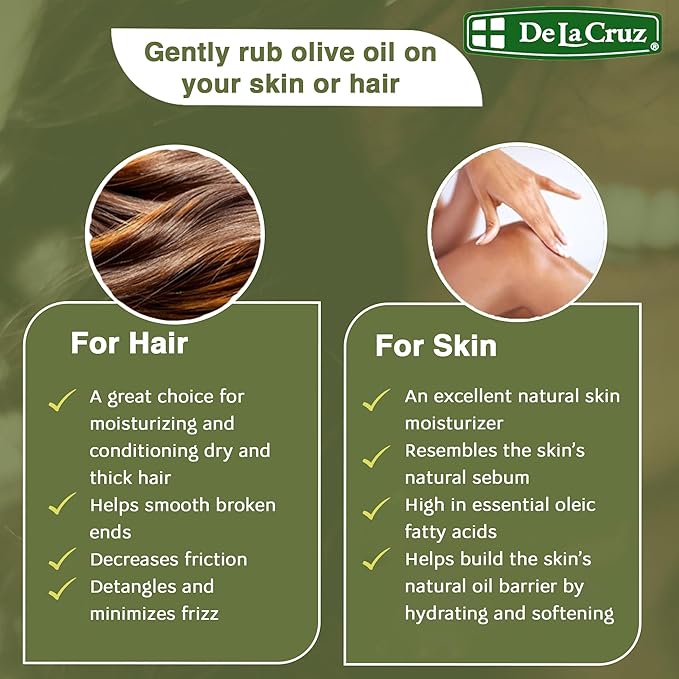 De La Cruz Pure Olive Oil - Natural Expeller Pressed Olive Oil for Hair and Skin - Lightweight Body Oil for Dry Skin 8 Fl Oz
