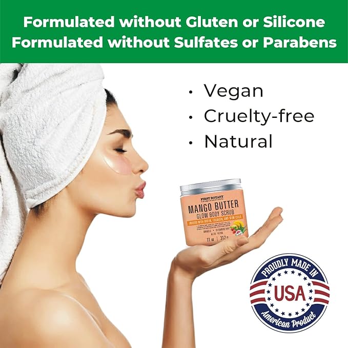 Mango Butter Body Scrub Exfoliator Biotin, Collagen, Stem Cells - Natural Exfoliating Salt Scrub & Body and Face Souffle helps with Moisturizing Skin, Acne, Cellulite, Dead Skin Scars, Wrinkles- 11 oz