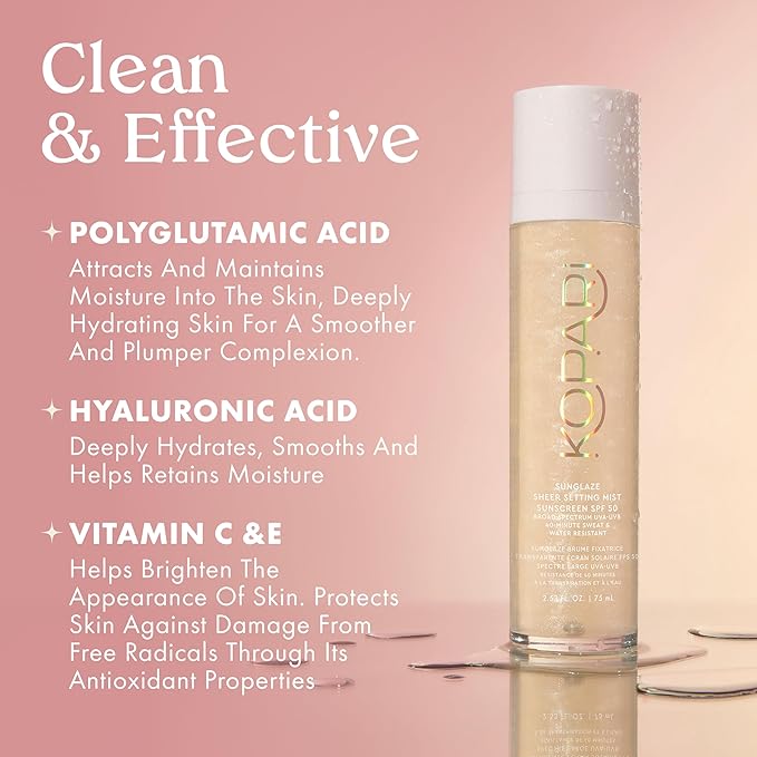 Kopari Sunglaze Sheer Setting Mist Sunscreen SPF 50, Weightless, Fast Drying, Ultra-Fine Setting Spray, Made With Hyaluronic Acid, Sets Makeup For A Hydrated, Dewy Finish, 2.53 fl oz
