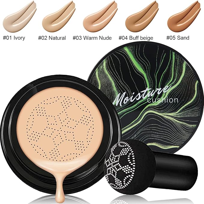 PHOERA Foundation Full Coverage Makeup, Mushroom Head Air Cushion CC Cream Natural Foundation, PHOERA Primer, PHOERA Powder, Brushes Foundation Brush,2 Makeup Sponge(105 Sand+ 05 Sand CC)
