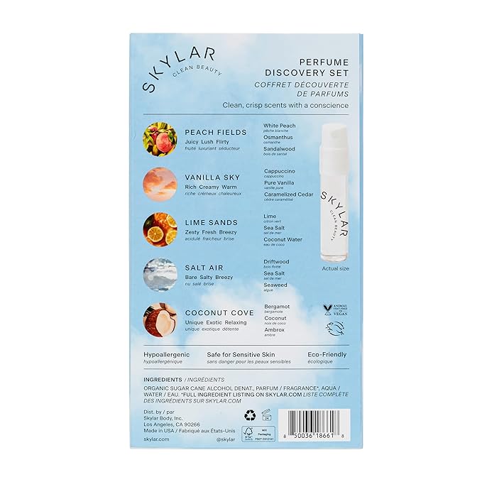 Skylar Perfume Discovery spray Sampler Set - Peach Fields, Vanilla Sky, Lime Sands, Salt Air, Coconut Cove - Hypoallergenic & Clean Perfume for Women & Men - 5 1.5mL
