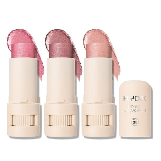 KYDA 3 Colors Mineral Color Balm, Buildable Shimmer Color for Lips and Cheeks, Broad spectrum SPF 35, Natural Shimmer Finish, Lightweight Blendable Creamy, Multiuse Blush Stick, Set A