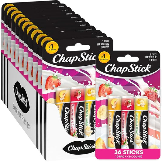 ChapStick Bulk Lip Balm, Fruit & Cream Collection, 3-Packs (12 Sets/36 Tubes) – Sweet & Delicious Lip Care, Birthday Gifts, Party Favors, Stocking Stuffers, 0.15 Oz Ea