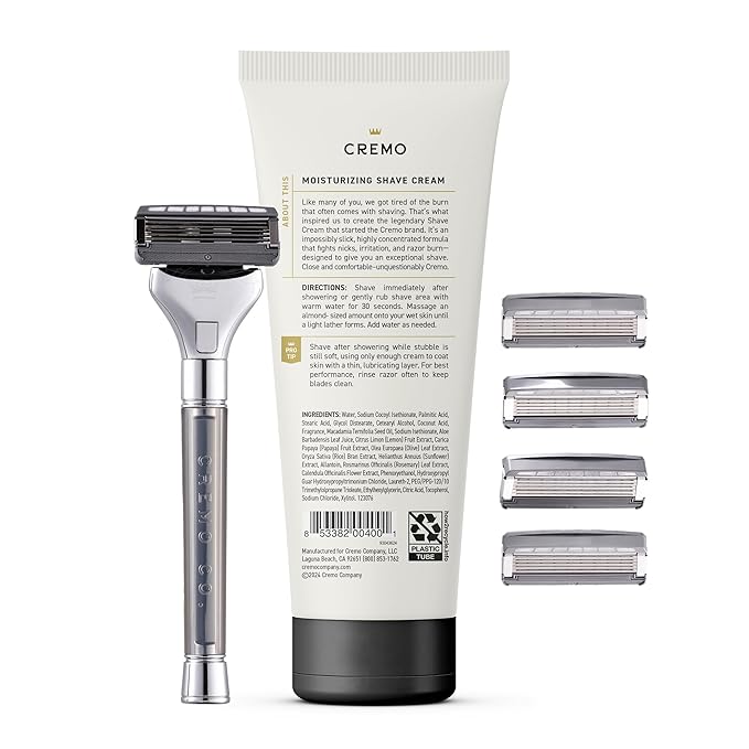 Cremo Original Shave Gift Set for Men, includes Impossibly-Slick 6 oz Shaving Cream, Chrome Barber Grade Razors for Men and four Razor Blades Refills