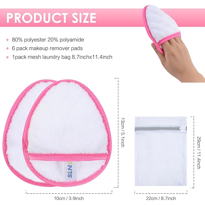 SINLAND Reusable Makeup Remover Pads For Face,Eye,Lips Microfiber Gentle Facial Cleansing Cloths for All Skin Types Friendly for Makeup Remover With Laundry Bag 5.1inchx3.93inch White Pack of 6