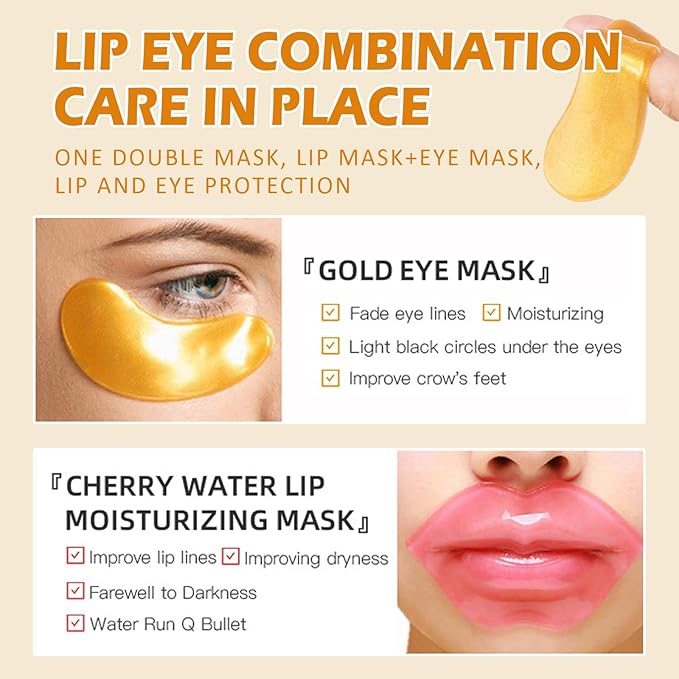 30 Pieces Lip Mask & Under Eye Mask,24K Gold Gel Crystal Collagen Eye Patches, Cherry Lip Masks Skincare,Moisturizing& Reducing Reducing Fine Lines & Dark Circle for Puffy Eyes