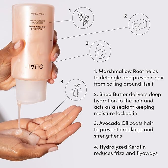 OUAI Thick Hair Shampoo & Conditioner Set, Travel Size - Moisturizing Shampoo & Conditioner - With Keratin, Marshmallow Root, Shea Butter & Avocado Oil - Sulfate, Paraben & Phthalate Free (3 Oz)