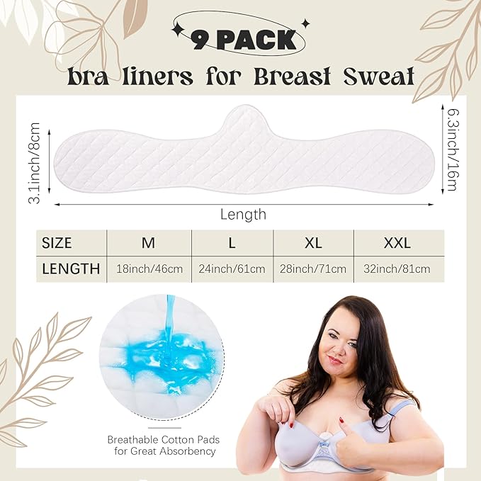 Boyiee 9 Pcs Cotton Bra Liners 3 Layer Reusable Washable Under Breast Sweat Absorber Pads for Woman
