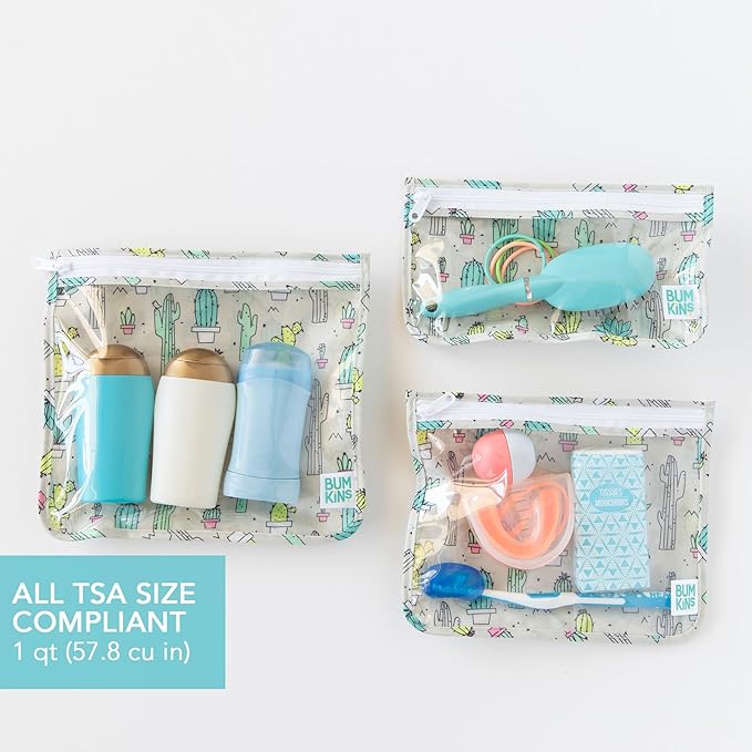 Bumkins Travel Bag, Toiletry, TSA Approved Pouch, Zip Bag, Quart Size Airline Compliant, Clear-Sided, Baby, Diaper Bag Organization, Makeup, Accessories, Packing, Set of 3 Sizes, Cactus Green