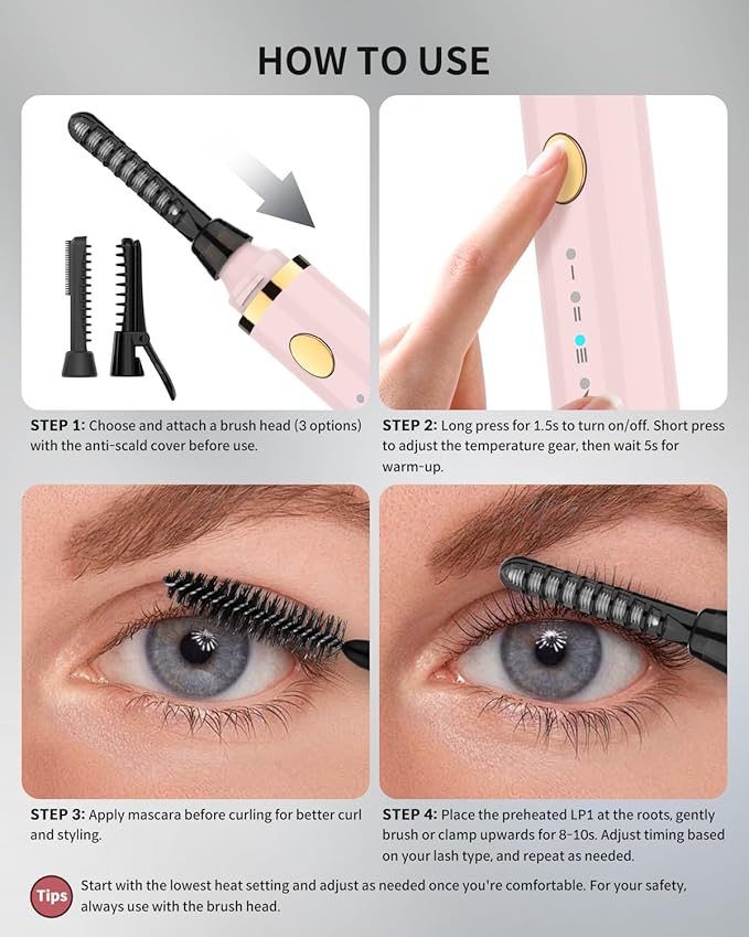 COPPA Electric Lash Curler, LP-1 Lipstick Type 3-in-1 Heated Eyelash Curler with 3 Brush Heads 3 Curling Modes and 3 Temp & 5s Quick Heat-up, Perfect for Beginners and Makeup Pros, Pink