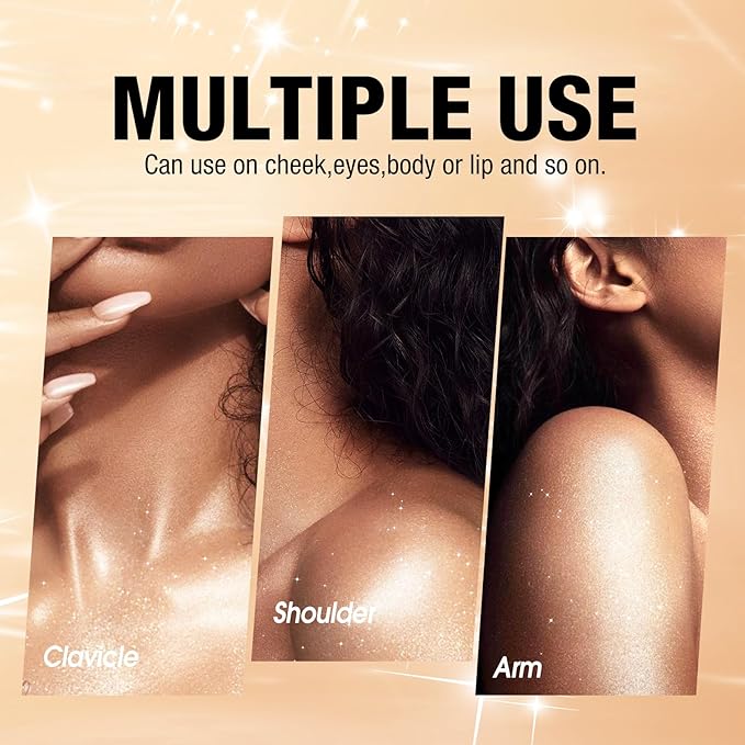 Glitter Body Highlighter Powder Body Shimmer Sparkle Face Brightening Highlighter Powder for Face Eyes Body Glow Makeup With sponge head（ Golden）