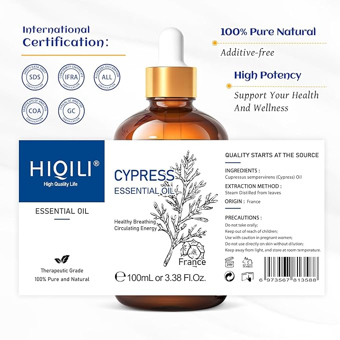 HIQILI 100ML Cypress Essential Oil, 100% Natural for Diffuser, Skin Care, Includes 10ML Travel Bottle - 3.38 Fl Oz