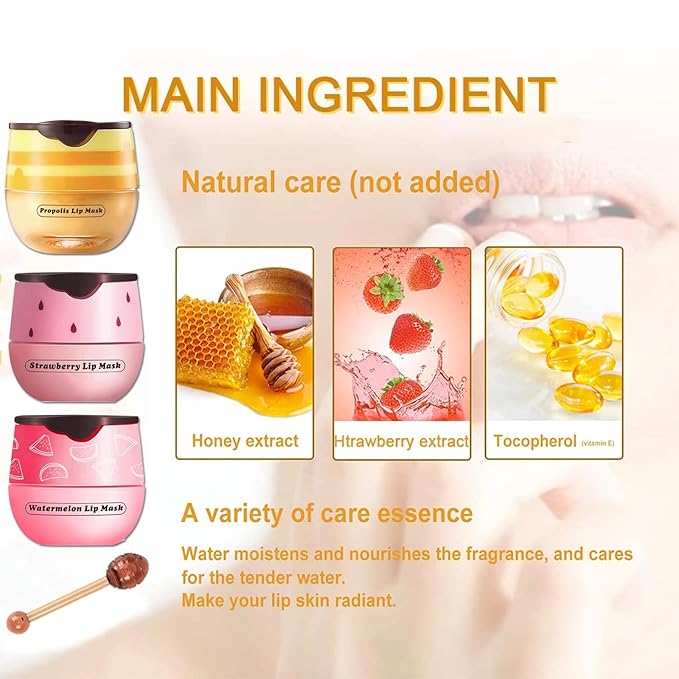 Bee Lip Balm Honey Pot, Watermelon Sleeping Lip Mask Overnight Hydrating Dry and Crack Lip Exfoliator Scrubs Propolis Lip Balm (Watermelon)