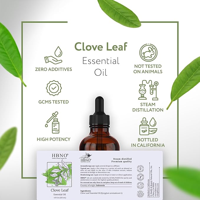 HBNO California Bottled Clove Leaf Essential Oil 4 fl oz (120ml) Value Size - Natural Clove Leaf Oil - Perfect for Cleaning, Aromatherapy, DIY, Soap & Diffuser