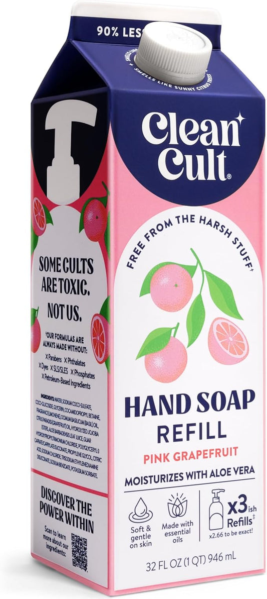 Cleancult Liquid Hand Soap Refill - Pink Grapefruit- Moisturizes Dry & Sensitive Skin - Made with Aloe Vera & Essential Oils - Eco Friendly - Paper-Based Packaging - 32 oz/1 Pack