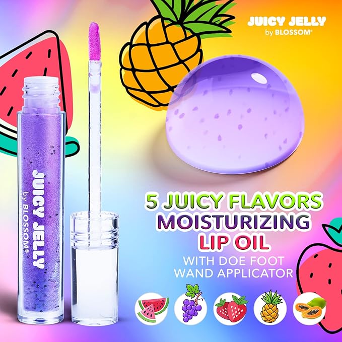 Blossom Juicy Jelly Moisturizing Lip Care Fruit Flavored Nourishing Lip Oil with Doe Foot Wand Applicator, 0.45fl oz, 5 Pack Bundle