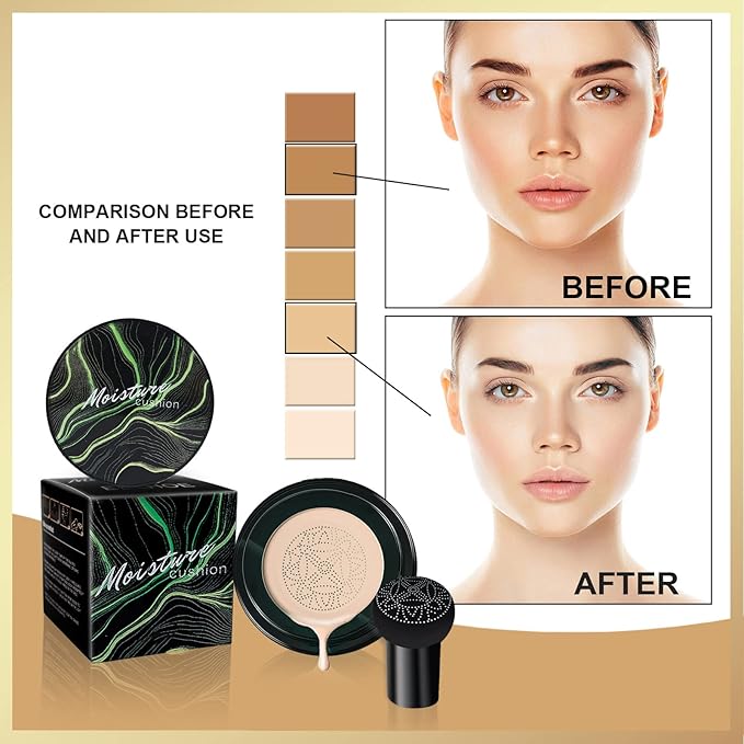 Mushroom Head Air Cushion CC Cream, Long-Lasting Brightening BB Cream Foundation With Powder Puff for Face Makeup and Mature Skin, Moisturizing Full Coverage Self Adjusting Concealer (Buff Beige)