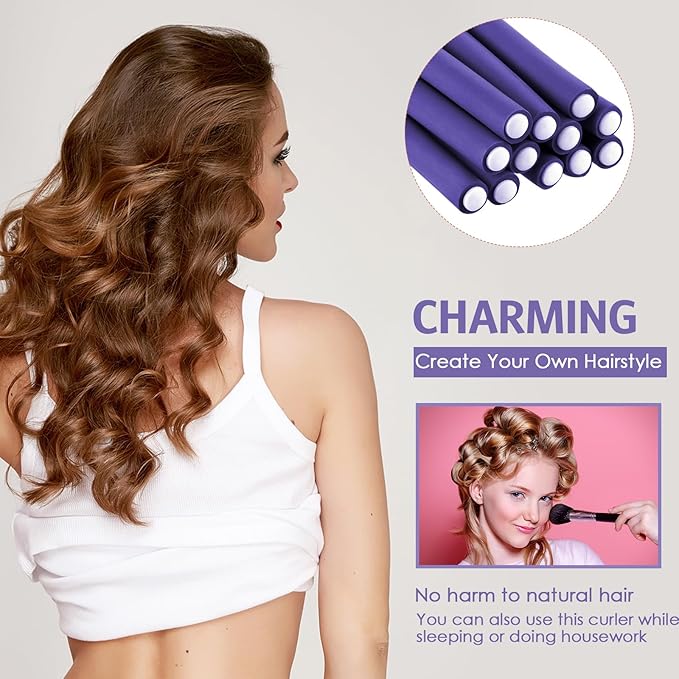 Syhood 30 Pieces Flexible Curling Rods Twist Hair Rollers Soft Foam Rods No Heat and 1 Pcs Steel Rat Tail Comb for Women Long and Short Hair(7 x 0.8 Inch,Purple)