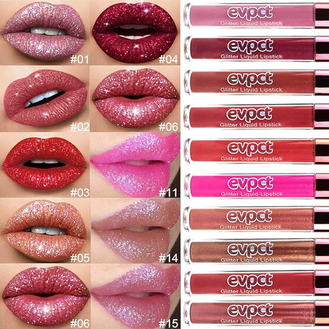 evpct 2Pcs Wine Red Plum Red Matte to Glitter Liquid Lipstick Set Kit for Women Long Lasting Glossy Metallic Shimmer Sparkle Lipstick Lip Gloss 6+15