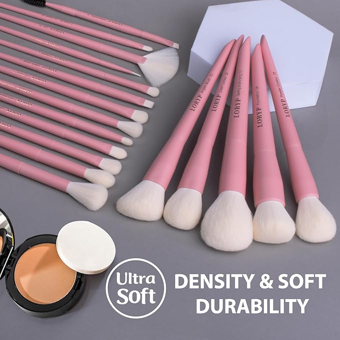 LORYP Makeup Brushes Set Labeled 18 Piece Face and Eye Brush Set Ultra soft hair Foundation, Concealer, Blush, Contour, Blending, Eyeshadow Pink Brush kit