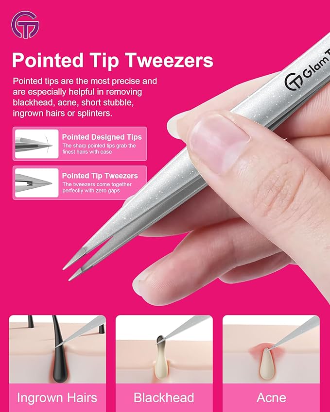 Expert Slant and Point Tip Tweezer Set with Exclusive Storage & Carrying Case, GlamTweeler Sharp & Precision Tweezer Set for Eyebrows, Facial Hairs & Fine Hairs Removal (Sparkle Mint Green + Silver)