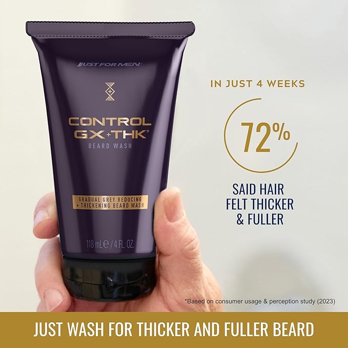 JUST FOR MEN Control GX + THK Thickening Beard Wash with Grey Reduction, Alpha Keratin Helps Beard Growth, Thickens Hair Up to 20%, Works with Every Hair Texture, 4 oz