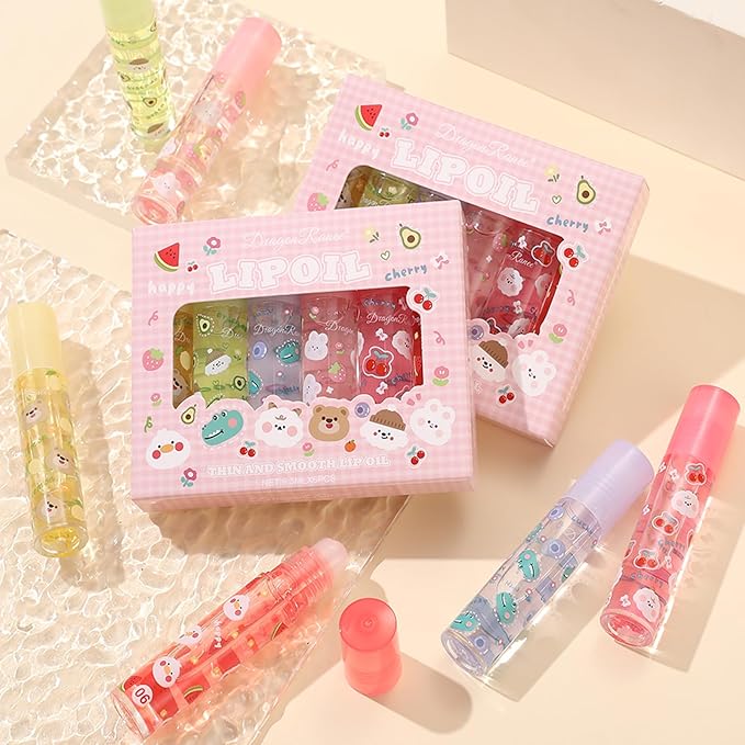 6pcs Fruit Flavored Lip Gloss Set, Roll on Lip Gloss Set Kids Lip Gloss Cute Lip Oil for Girls, Glossy and Shiny Non-Toxic, Kid Friendly, Kids Gift