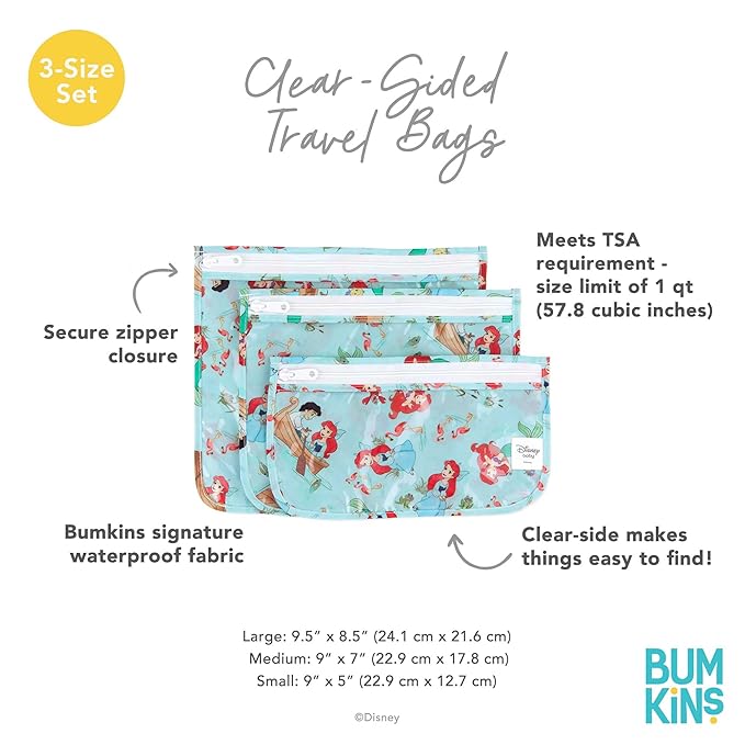 Bumkins Disney Ariel Travel Bag, Toiletry, TSA Approved Pouch, Zip Bag, Quart Size Airline Compliant, Clear-Sided, Baby, Diaper Bag Organization, Makeup, Accessories, Packing, Set of 3 Sizes