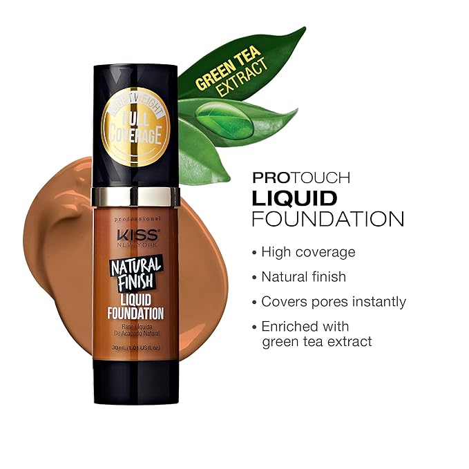 Kiss New York Professional Liquid Foundation - Lightweight and Hydrating Formula, Natural Finish, Control Shine, Cover Pores, Medium to Full Coverage, Green Tea Extract (Cappuccino)