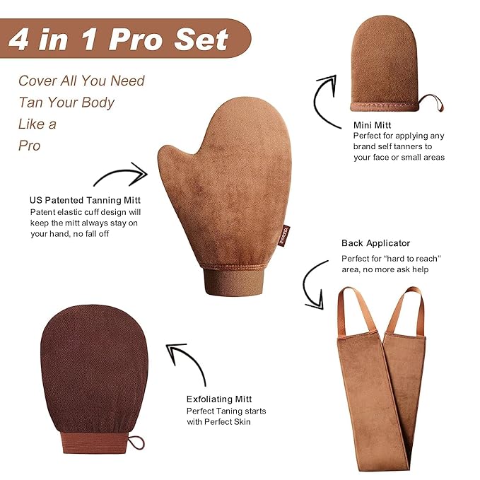 Self Tanner Mitt Applicator - 4 Pack Self Tanning Mitt with Self Tanning Glove for Self Tan Mitt, Back Applicator, Mini Self Tan Glove, Exfoliating Mitt, Tanning Mitts Self Tanner Glove