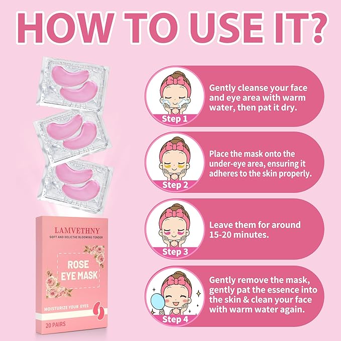 Eye Mask, Pink Rose Under Eye Patches (20 Pairs) Pink Rose Under Eye Masks Hyaluronic Acid Eye Patches for Dark Circles and Puffiness, Reduce Wrinkles and Fine Lines Under Eye Area - Pink