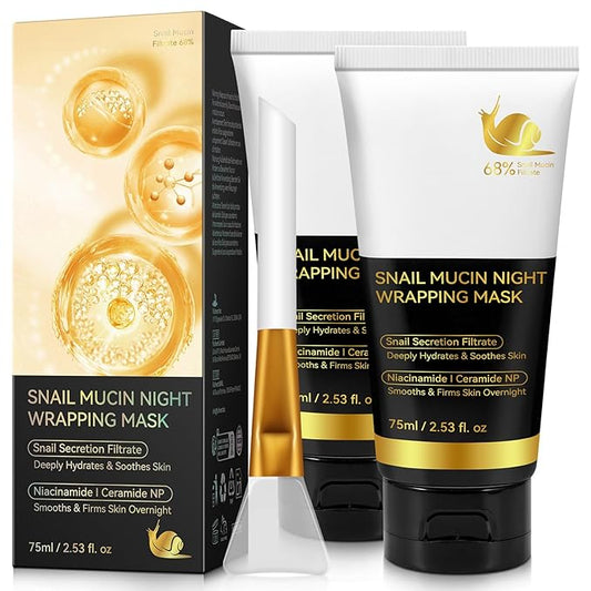 2Pack 9000PPM Snail Mucin Collagen Overnight Wrapping Peel Off Mask for Intensive Hydrating, Skin Barrier Repairing, Reducing Sagging/Wrinkles/Fine Lines, 2.53 Oz/75 ML