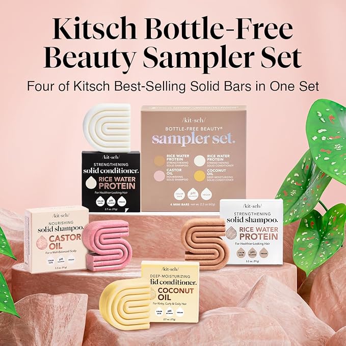 Kitsch Shampoo and Conditioner Set - 4pc Sampler Bars with Rice Water Shampoo and Conditioner, Castor Oil Shampoo & Coconut Oil Conditioner - Bottle-Free Beauty for Hair Growth, Repair & Moisture