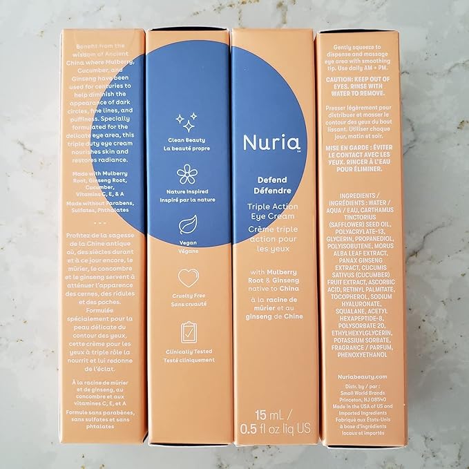 Nuria - Defend Triple Action Eye Cream for Dark Circles, Puffiness and Fine Lines, Nourishing Under Eye Cream with Ginseng and Mulberry Root, 15mL/0.5 fl oz