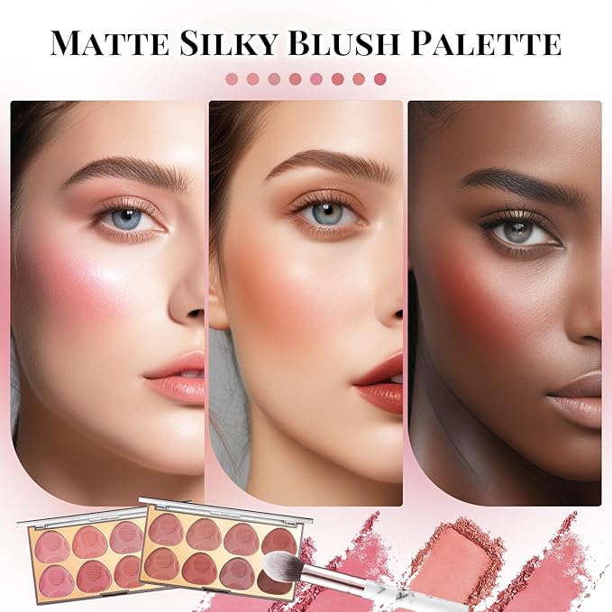 8 Colors Blush Palette, Smooth Blendable Powder Blush, Buildable Facial Cheek Blusher, Matte Blush Palette Makeup For Women, Waterproof Long-lasting Makeup Palette with Brush