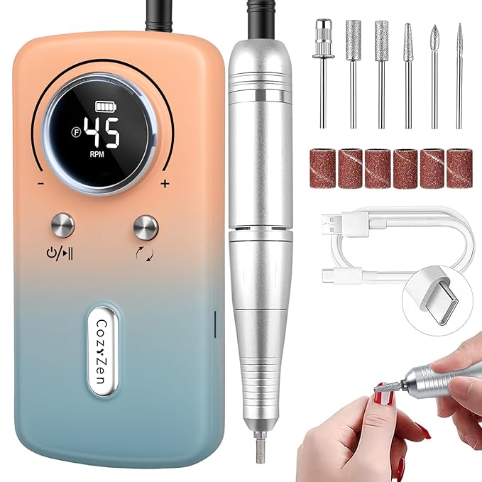 CozyZen Cordless Nail Drill Professional: 45000 RPM Rechargeable Electric Nail File Kit, Portable & Low Noise for Acrylic, Gel Nails, Manicure & Pedicure - Salon & Home Use