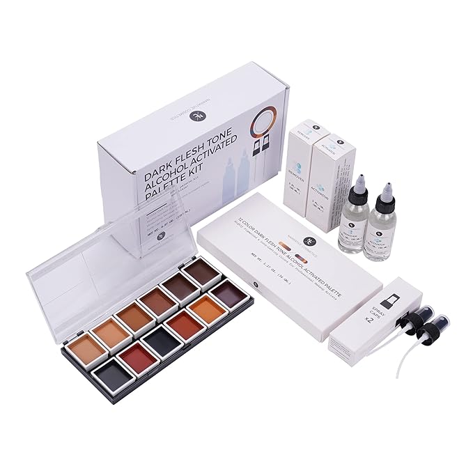 12 Color Dark Flesh Tone Alcohol Activated Makeup Palette Kit - Includes Alcohol Activator and Moisturizing Remover - Waterproof Makeup for Professional Makeup Artists