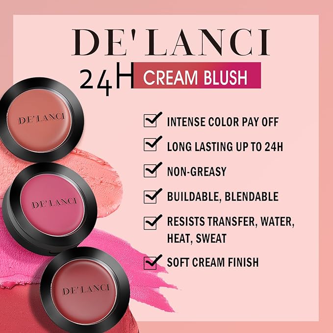 Multi-Purpose Cream Blush for Cheeks & Lip & Eyeshadow, Buildable Lightweight Peach Blush Balm, Ultra Hydrating Cruelty-Free Makeup Blush for Dry/Sensitive Skin, Waterproof Blush, Built-in Brush, Rose