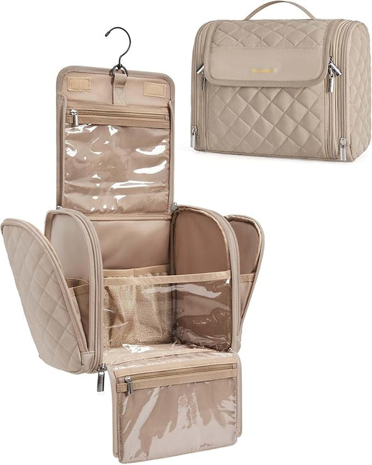 BAGSMART Makeup Bag for Women with Hanging Hook, Large Portable Capacity Water-resistant Organizer Travel Case for Toiletries and Cosmetics, Brown