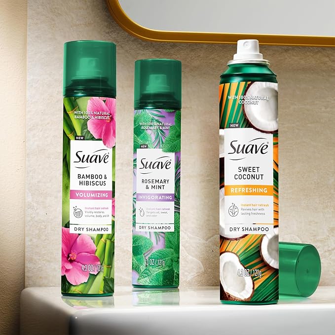 Suave+ Dry Shampoo Spray Variety 2-Pack – Invigorating Rosemary & Mint + Volumizing Bamboo & Hibiscus, 4.3 Oz Ea