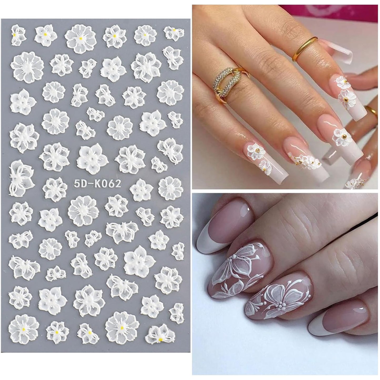 6 Sheets White Flower Nail Art Stickers Decals 5D Embossed Nail Decals Spring Winter Nails Art Self-Adhesive Supplies Accessories 3D Flower Stickers for Women Nails Design Decoration