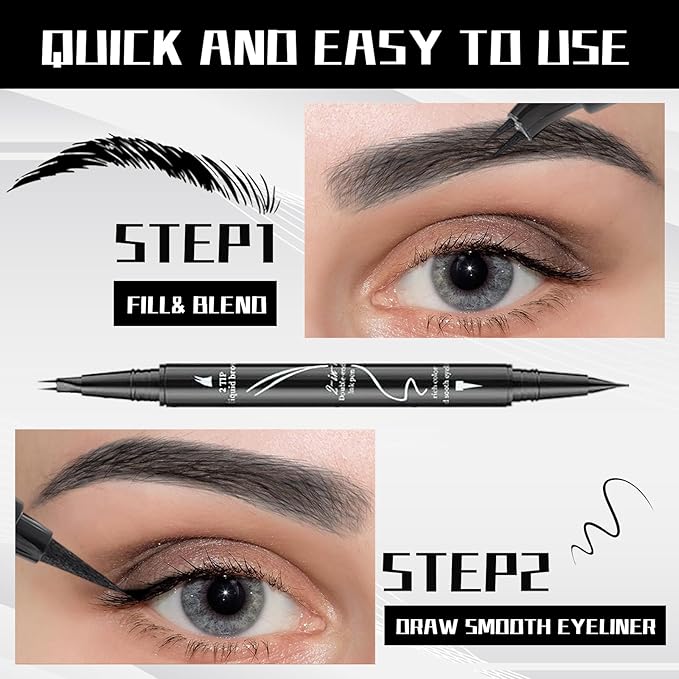 Curved 2 Tip Eyebrow Pen-Black Eyebrow Pencil With Black Eyeliner 2-in-1 Dual-Ended Create Natural Hair-Like Brows,Waterproof,Smudge Proof,Long Lasting All-Day