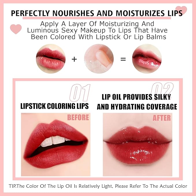 2PCS Lip Oil Set, Hydrating Lip Glow Oil Lip Plumper Gloss, Tinted Lip Oils Transparent Long Lasting Non-sticky Lip Gloss, Plumping Lip Gloss Lip Care Kit (Raspberry & Pink)