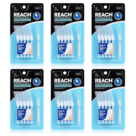 Reach Interdental Brush Cleaners, 1mm, Tight, Sensitive Gum Protection, Plaque Remover for Teeth, Braces Flossers, Braces Brush, Dental Toothbrushes, Oral Care, 6 Pack, 10 Count