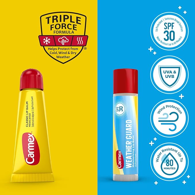 Carmex Lip Balm Bundle, 12 Count (9 Classic Lip Balm Tubes, 3 Weather Guard Lip Balm with SPF 30 Sticks)