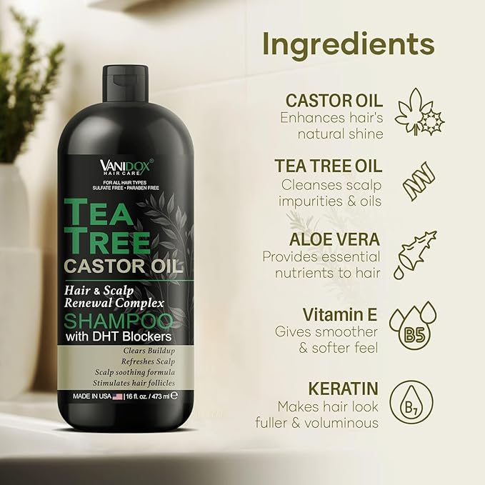 Tea Tree Oil Shampoo with Castor Oil, DHT Blockers, Itchy Scalp Relief, Supports Fuller Hair, Cleanses Dandruff & Buildup, For Men & Women, Made in USA, 16 fl oz