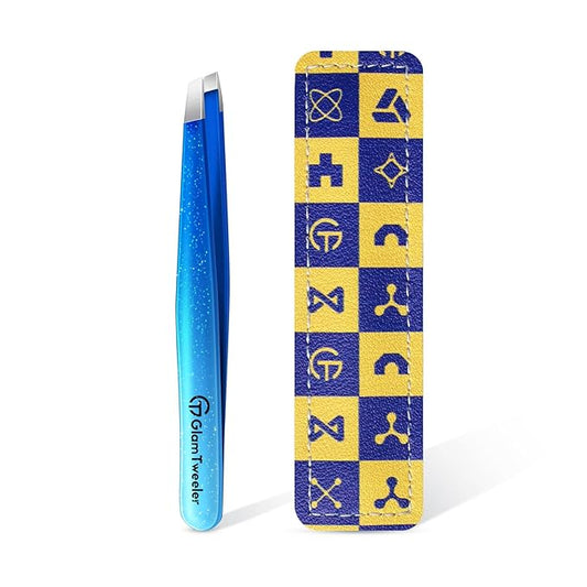 Expert Slant Tip Tweezers with Leather Travel Case, GlamTweeler Sharp & Precision Stainless Steel Tweezer for Eyebrows, Facial Hair and Fine Hairs Removal (Sparkle Royal Blue & Aqua)