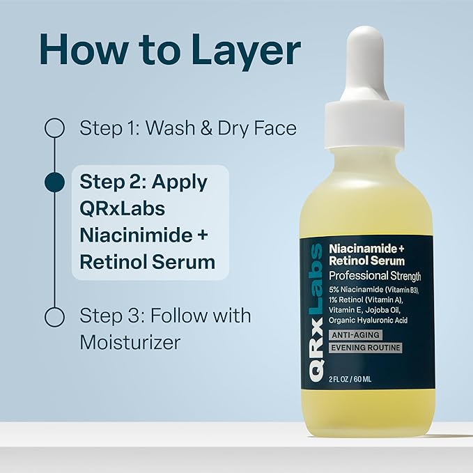 QRxLabs Niacinamide & Retinol Serum - 2 fl Oz - Niacinamide, Retinol & Arbutin - Anti-Aging Pore & Wrinkle Reducer - Fades Blemishes & Tightens Skin